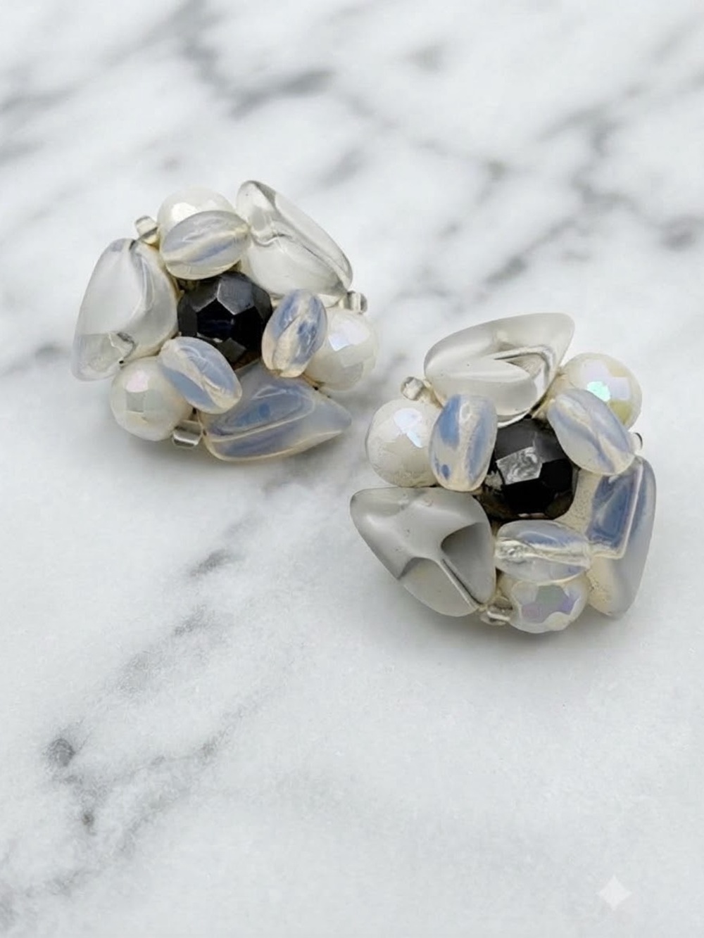 VTG M.I.W. Germany Opalescent Beaded Cluster Clip-On Earrings.
